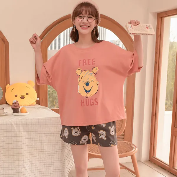 3XL Loose Summer Cotton Pajamas Women's Short Sleeve Shorts Lion King Simba Leopard Print Cute Anime Home Suit Pajama Sets Women 5214