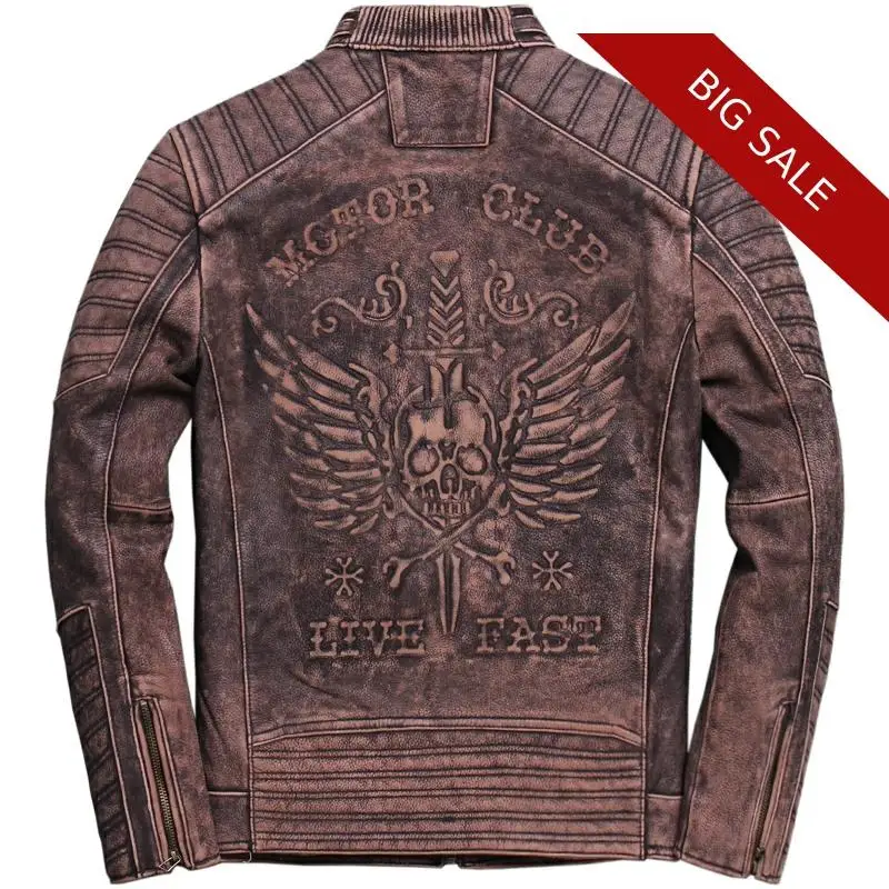 

2020 Vintage Brown Men Skulls Motorcycle Leather Jacket Plus Size XXXXXL Genuine Cowhide Slim Fit Biker's Leather Coat