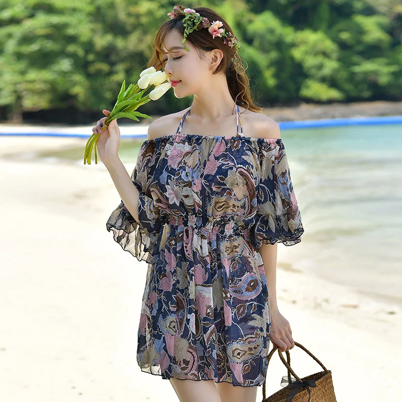 

New Style Bathing Suit Women's Sexy off-Shoulder Printed Split Type Bikini Three-piece Set Chiffon Blouse Small Bust Gathering S