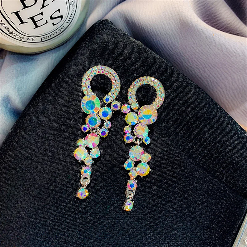 

FYUAN Korean Style Small Dircle Drop Earrings for Women Bijoux Long Colorful Crystal Dangle Earring Statement Jewelry