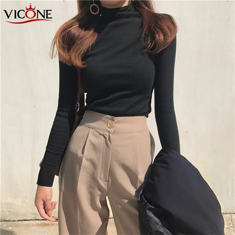 

VICONE Womens Shirts Long Sleeve Solid Turtleneck T-shirt Women High Stretch Slim Tops Spring Autumn Skinny Basic Bottoming