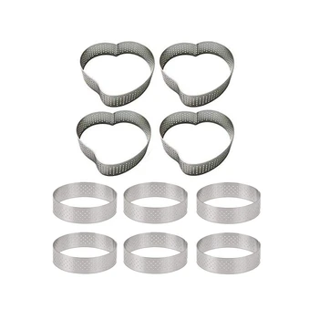 

10 Pcs Stainless Steel Porous Tart Ring Bottom Tower Pie Cake Mould Baking Tools ,Heart-shaped & Round