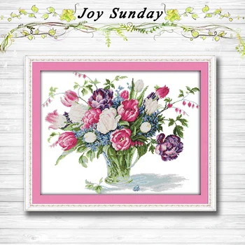 

Tulip vase flowers colorful painting dmc 14CT 11CT counted cross stitch kits embroidery set Needlework Set chinese cross stitch