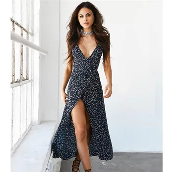 

Summer New Women Fashion SexyBackless Flower Printing Dress Female V-neck Sleeveless Slim Thin Long Dresses Hot