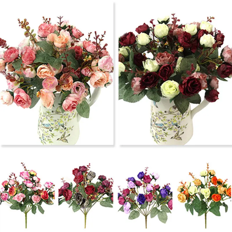 21Heads Rose Artificial Silk Fake Flowers Plants Wedding Home Decor Bouquet 