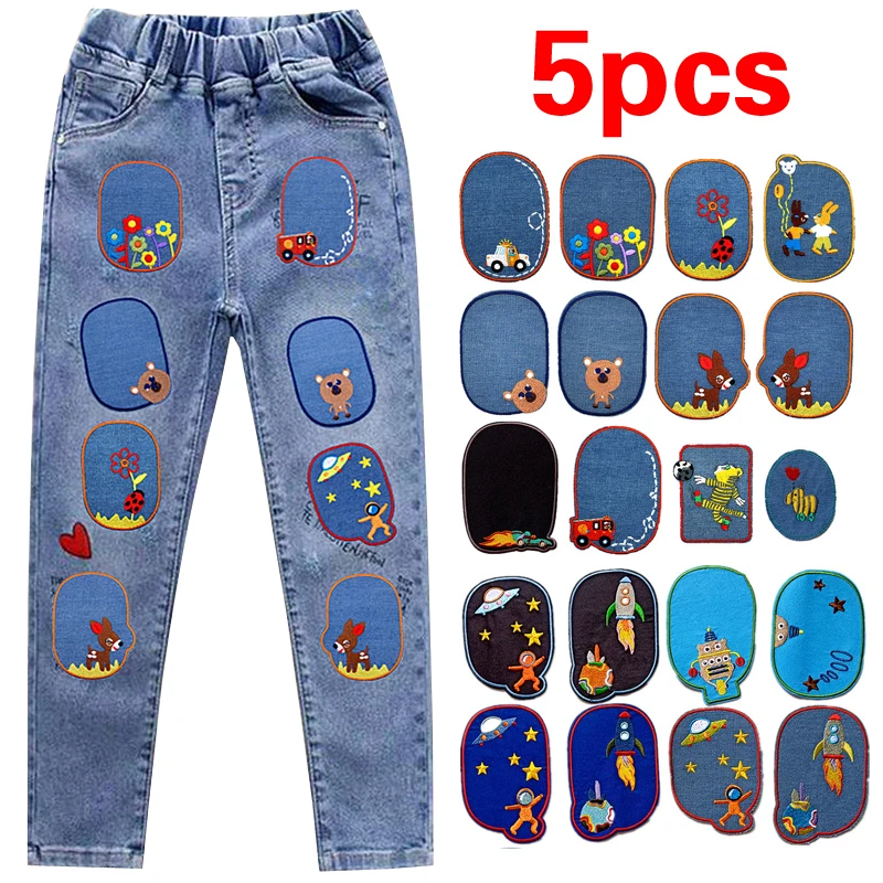5Pcs Cartoon Jeans Patch Iron On Denim Patches Embroidered Sewing Repair Elbow Knee Patches For Children Kids Jeans Clothes