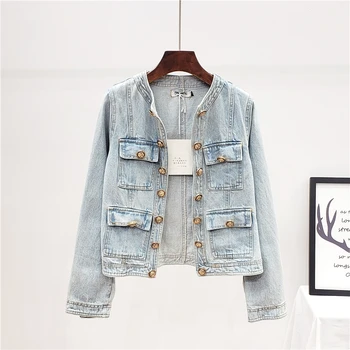 

Vintage Washed Blue Jeans Jacket Women Outerwear Autumn Harajuku Slim Short O-Neck Long sleeve Metal Button Denim Jacket Female