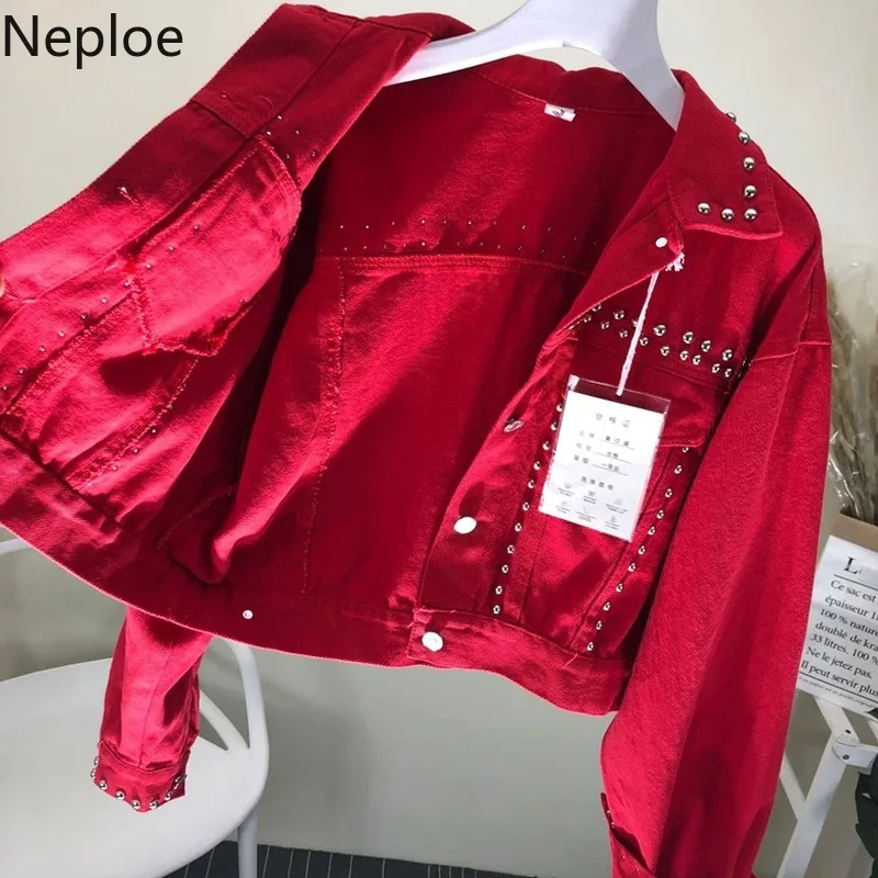 Neploe/ Новая Осенняя короткая джинсовая куртка с бусинами для тяжелой работы приталенная однотонная куртка с длинными рукавами и отложным воротником Chaqueta Mujer 46872