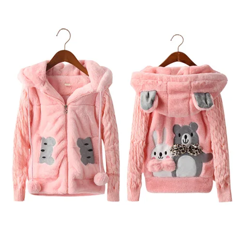 Новая зимняя одежда для маленьких девочек флисовое пальто с искусственным мехом утепленная куртка зимний комбинезон для детей от 2 до 12 лет, куртка с капюшоном в виде ушей кролика для детей, верхняя одежда - Цвет: Розовый