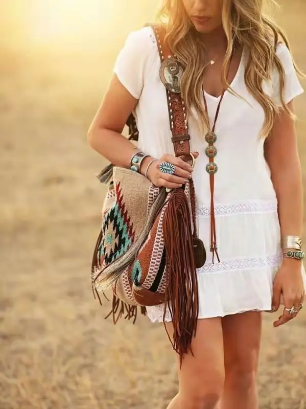 Summer Multi-capacity Ancient Canvas Bag Women's National Wind Western Denim Trend Must Be Shoulder |