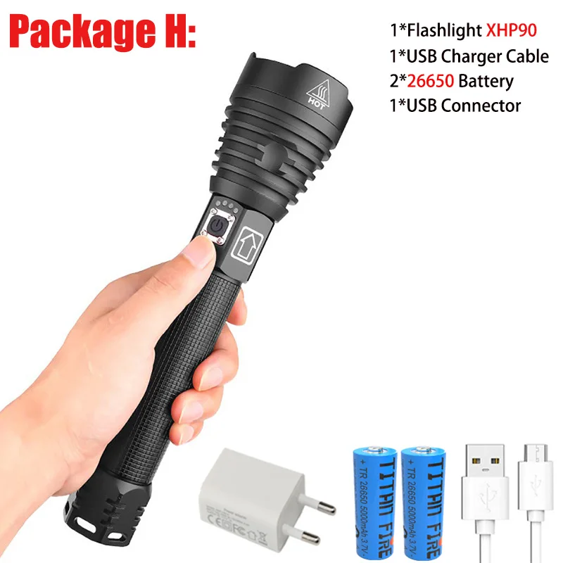 XHP90-H T20 супер яркий XHP90/XHP70 светодиодный светильник-вспышка с высокими люменами, масштабируемый перезаряжаемый индикатор мощности, мощный фонарь 26650, ручной светильник - Испускаемый цвет: XHP90-H