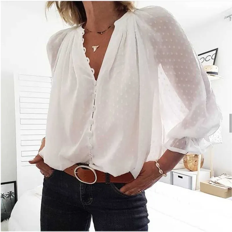  Chic Streetwear Long Sleeve Mesh Dot Shirts Women Tops Button Transparent Blouses Sexy Club Long Sl