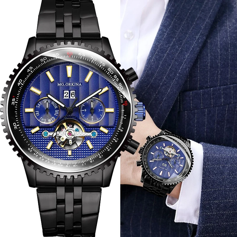 

MG.ORKINA Business Automatic Watch Men Multifunction Tourbillon Watch Transparent Blue Dial Black Mechanical Watches for Man