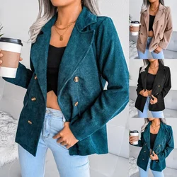 Corduroy duplo breasted casaco lapela de manga comprida fino cor sólida pequeno terno temperamento casual commuter jaqueta feminina moda