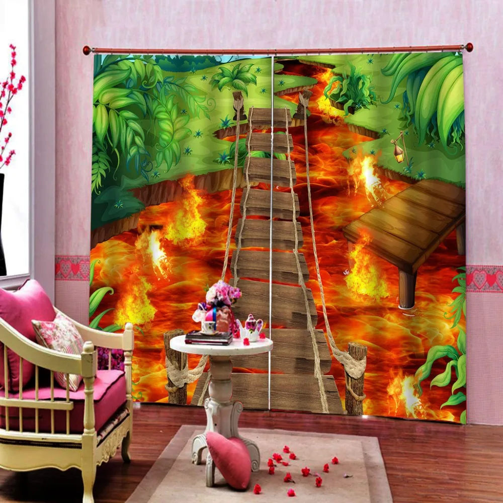 Red fire curtains wood birdge 3D Curtain Luxury Blackout Window Curtain Living Room Decoration curtains