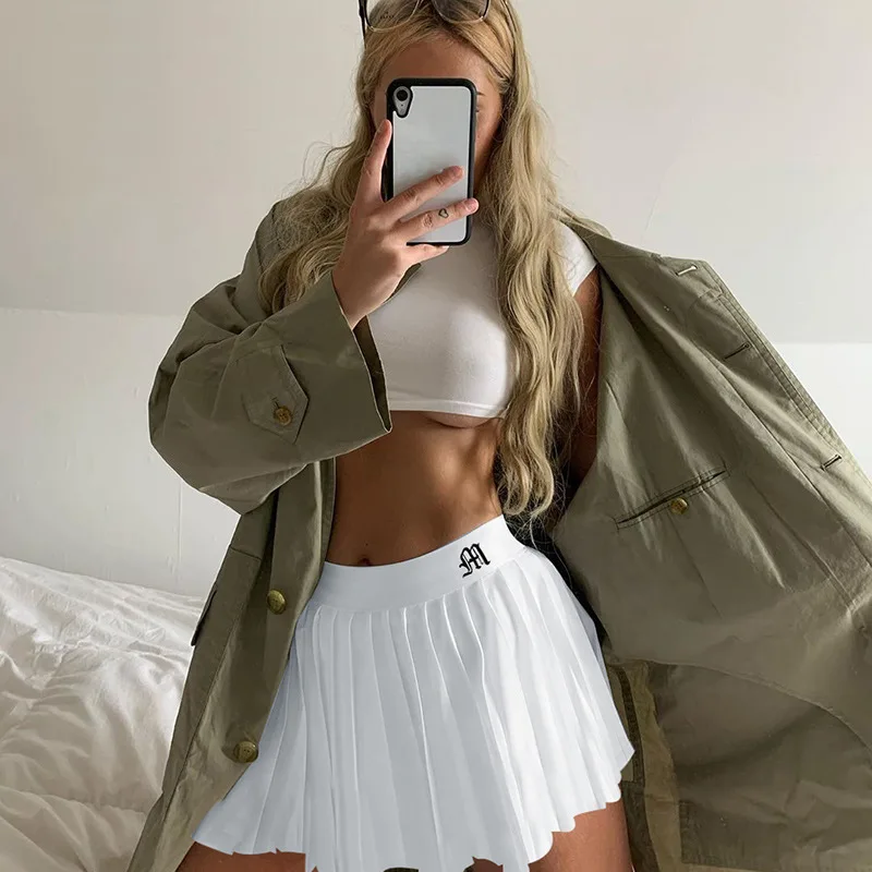 

Summer Woman White Pleated Skirt Short Elastic Waist Mini Skirts 2020 Sexy Mircro Embroidery Mini Tennis Skirt New Preppy
