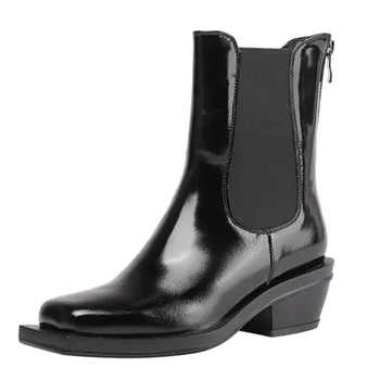 

2020 New Square Toe Retro Women Ankle Boots Cow Leather Elastic Band Chelsea Booties Winter Low Heel Ladies Shoes Botines Mujer