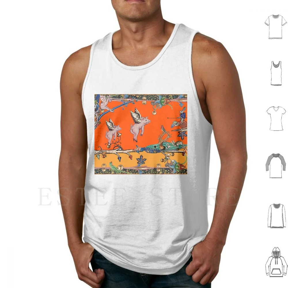 

Weird Medieval Bestiary , Flying Pigs , Unicorn And Killer Rabbit In Orange Yellow Tank Tops Vest Sleeveless Unicorn Monkey