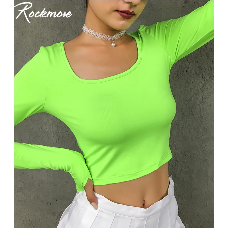 

Rockmore Neon Green Bodycon T Shirt Women Harajuku Tops Tees Shirts Streetwear T-Shirt Long Sleeve Pink Korean Tshirt Femme Fall