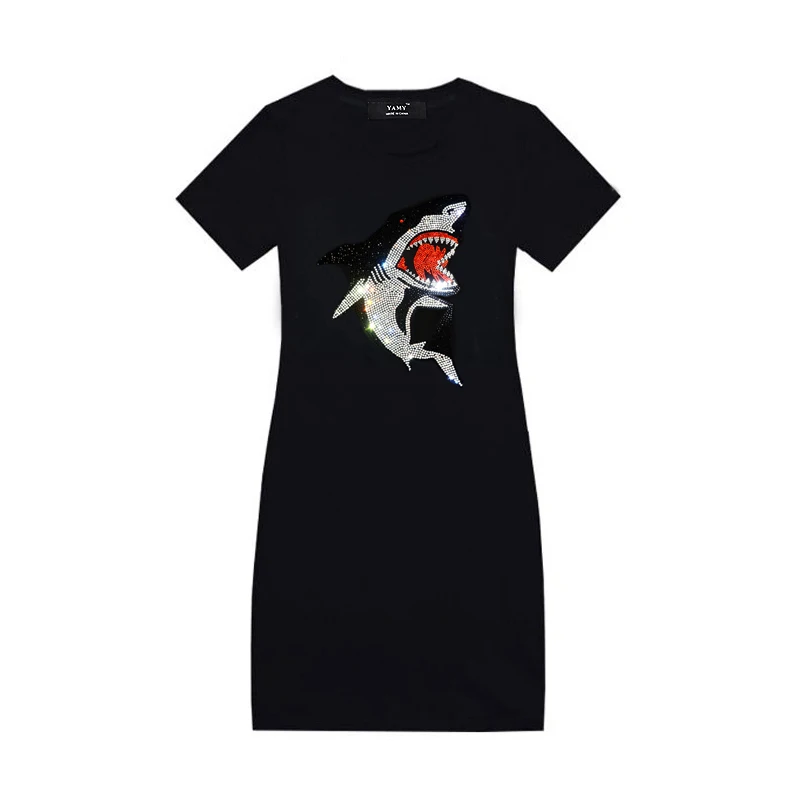Модное женское свободное платье с принтом рыбьей кости и стразами, с высокой талией, украшенное стразами, большие размеры, вечерние платья, платье-рубашка, Топ - Цвет: Shark