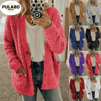 

Long Coats Fleece Jackets Winter Warm Teddy Coat Cardigan Office Lady Sexy Women Wool Blends Full Tops Overcoats Plus Size