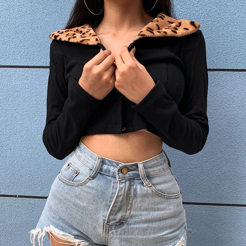 IAMSURE 2020 Autumn Streetwear Fashion Long Sleeve Women Cardigan Blouses Leopard Patchwork Fitness y2k Ribbed Cropped Shirt