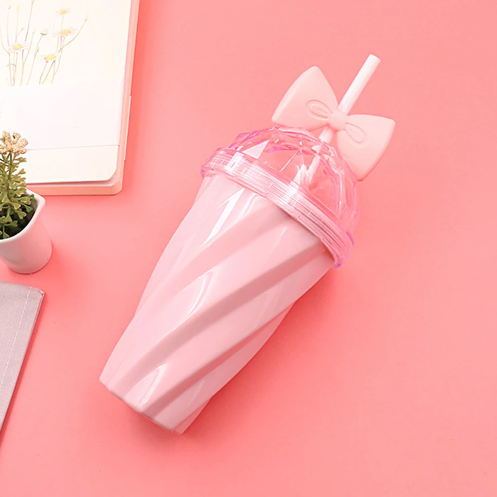 Hot Lovely 400ml Candy Color Coffee Cup Lemon Juice Cup With Straw Lid Plastic Bowknot Straw Water Cup