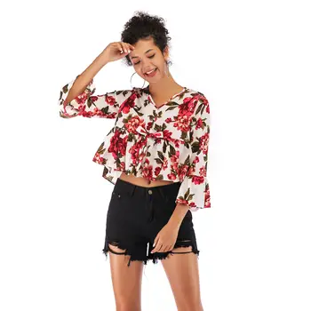 

Print blouse women New Spring Chiffon Flare Sleeve V-Neck blusas womens tops and blouses White With Red 5936