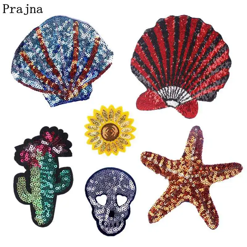 

Prajna Starfish Shell Sequin Patches For Clothing Iron On Patches On Clothes DIY Cactus Sunflower Patch Stripes Badges On Jacket