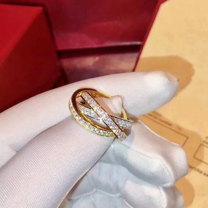 Brand Pure 925 Sterling Silver Jewelry For Women 3 Circle Cross Rings Silver Wedding 3 Color Rings Engagement Full Stone Rings