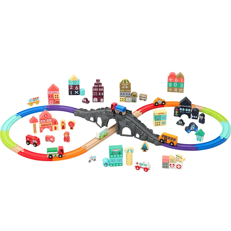 

2 in 1 Wooden Train Track Set Wooden Building Blocks City Car Building Stack Stacking Preschool Educational Toys for Boys Gifts
