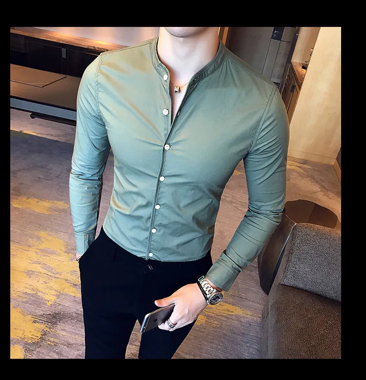 Новая мужская мода бутик хлопок сплошной цвет воротник повседневные деловые рубашки с длинными рукавами мужские тонкие высококачественные рубашки