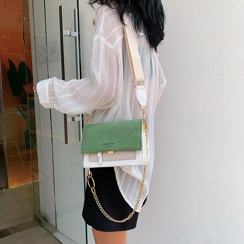 LUCDO New Wide Strap Shoulder Square Sling Bag Scrub Leather Contrast Color Crossbody Bags For Women Handbags Cross Body