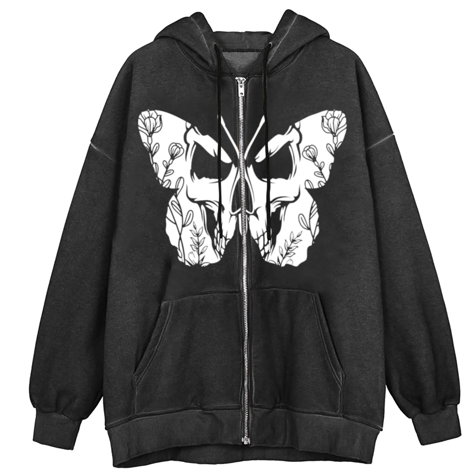 Black Zipper Oversized Sweatshirt Punk Skull Winter Men And Women ...