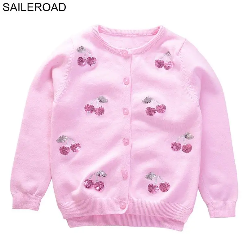 

SAILEROAD 2-7Years Cherry Paillettes Girls Cardigan Autumn Embroidery with Sequins for Kids Sweater Winter Children's Clothing