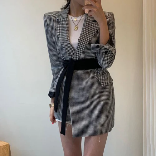 plaid SuperAen, корейский стиль, женский костюм, куртки, темперамент, дикие лацканы, однобортный, в клетку, с длинным рукавом, куртка для женщин,, осень - Цвет: plaid