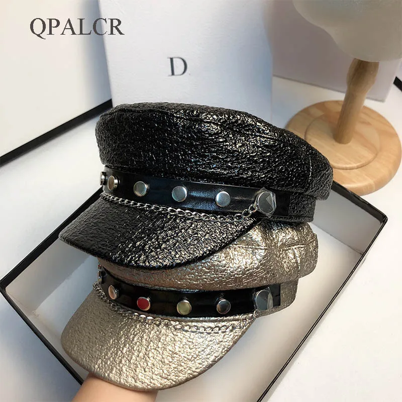 

QPALCR New Autumn Military Cap PU Chain Navy Hats For Women Fahion Hat Punk Rivet Peaked Cap Top Flat Caps Gatsby Ivy Berets