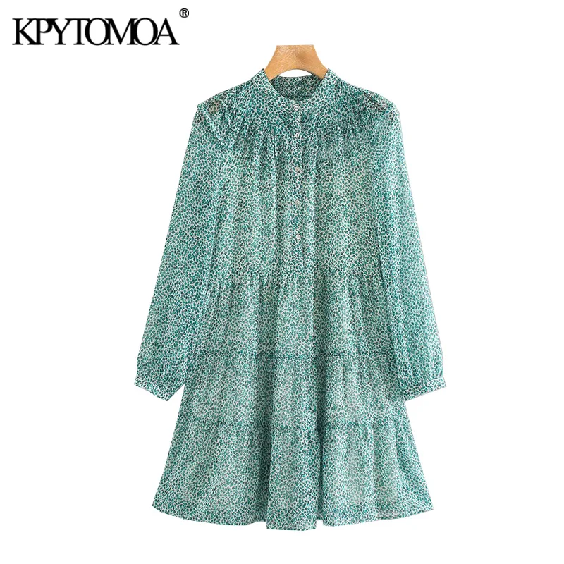 KPYTOMOA Women 2020 Chic Fashion Floral Print Ruffled Mini Dress Vintage O Neck Long Sleeve Female Dresses Vestidos Mujer