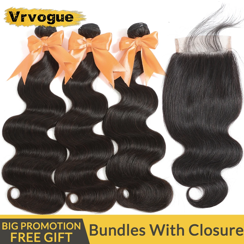 

Vrvogue Hair Malaysian Body Wave 3 Bundles With Lace Closure 100% Remy Human Hair Bundles With Closure Free/Middle/Three Part