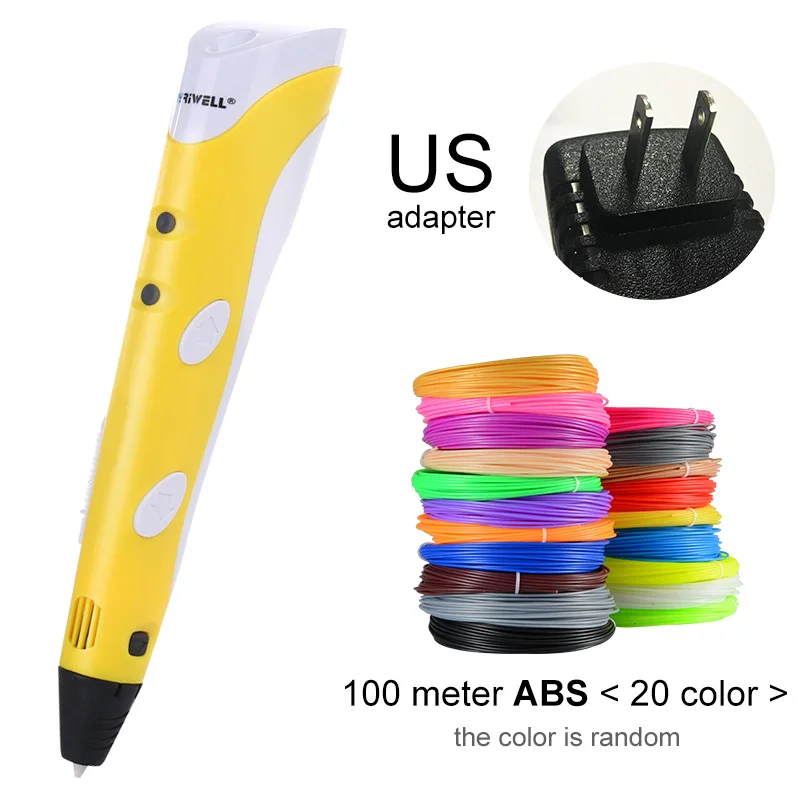 Yellow US-100m ABS Myriwell, 3D Ручка,, сделай сам, 3D печать, ручка с 100 м ABS/PLA нитью, креативная игрушка, подарок для детей, дизайнерский рисунок - Цвет: Yellow US-100m ABS