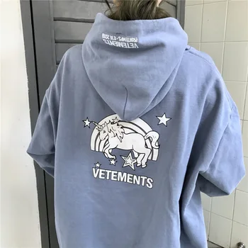 

Women Unicorn Printed Mid-Long Hoodie Ladies Loose Hat Top Plus-size 2019 New with Cap Furring and Thickening Student Wear Autum