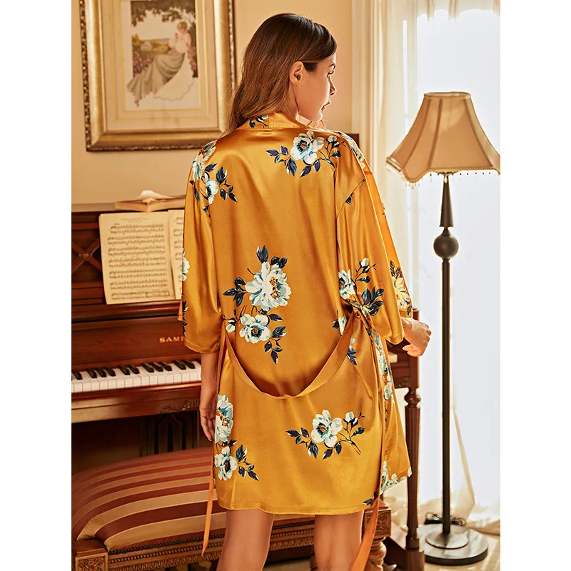 2022 Spring New Silk Robe Pijamas Set Women's Nightgown Summer Thin Sexy Sling Nightdress Pajamas Bathrobe Lady Printed Homewear