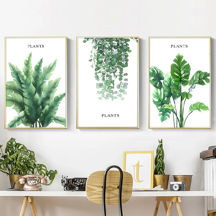 

Northern European-Style Watercolor Green Vegetation Decorative Painting Plant Leaves Canvas Painting Living Room Hanging Paintin