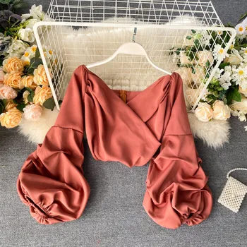 

Women's Autumn Retro Solid wrinkle V-neck puff sleeve coat