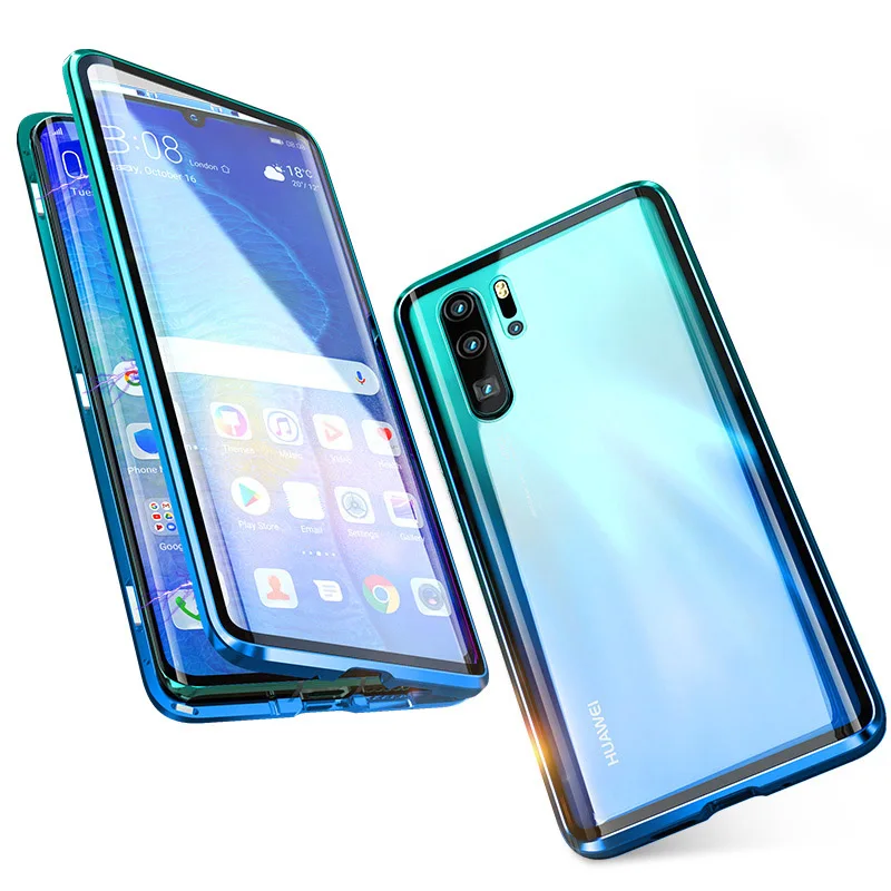 Полный корпус 360 Защитный чехол для huawei P30 Lite Pro магнитный металлический бронированный бампер Сенсорное стекло Защитная крышка huawei P30Lite чехол O - Цвет: Gradient Green