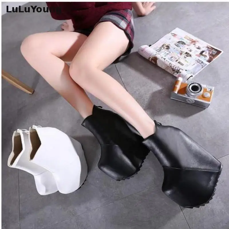 Ceny 19 cm 20 Cm szpilki kliny botki kobiety Hgih platforma blisko Toe powrót zamek Sexy botki