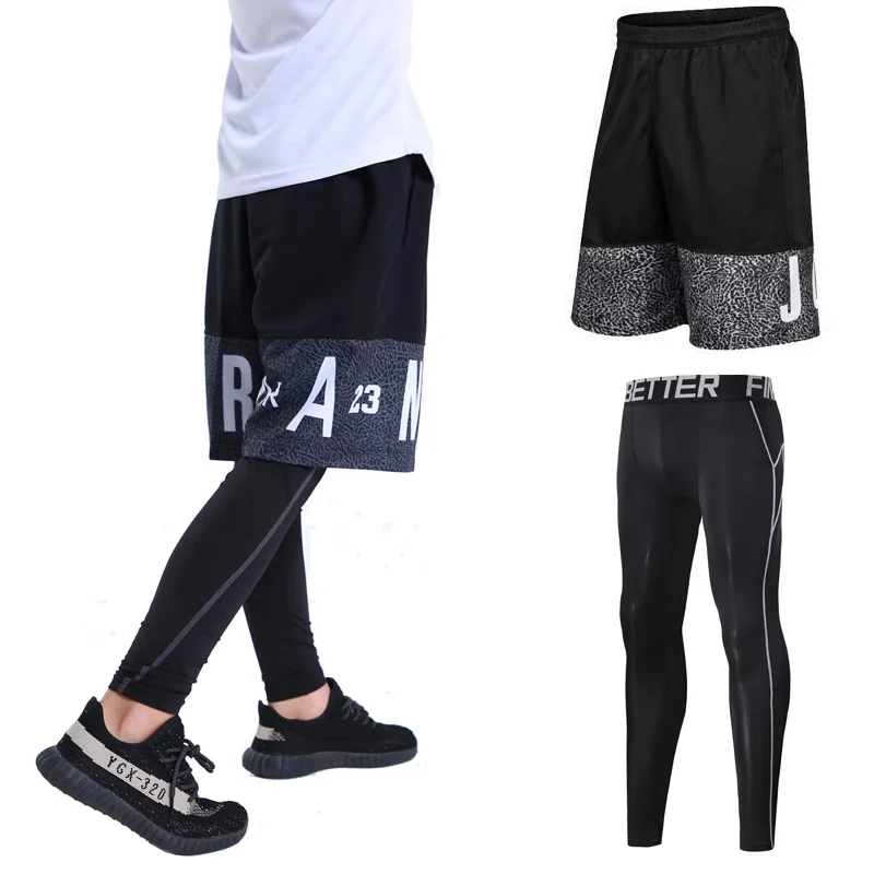 Баскетбольные шорты для мужчин спортивные шорты для фитнеса с длинными штанами быстросохнущие дышащие спортивные шорты для тренировок с карманами на молнии - Цвет: 89202black set