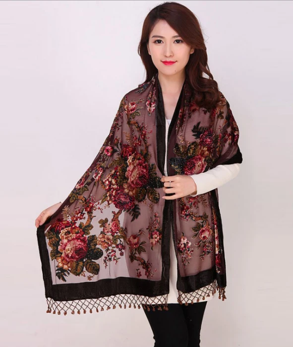 Silk Velvet Scarf Shawl Chinese National Women Rectangle Pashmina Poncho Handmade Beaded Flower Cape Mujeres Bufand 011207