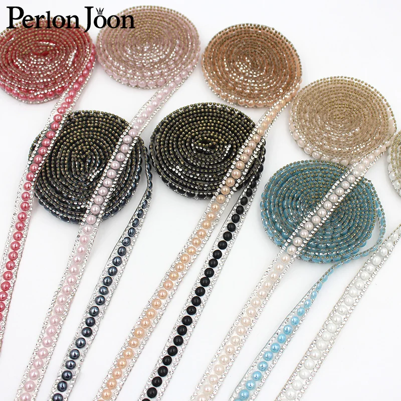 1 Yard klassische Farbe Perle Strass Hot Fix Band Band Kristall Strass Dekoration Eisen auf Schuhe Kleidung Zubehör TR125 – Detail 4