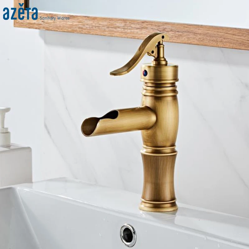 

Azeta Basin Faucet Waterfall Bathroon Antique Brass Faucet Deck Mounted Wash Basin Tap Single Handle Basin Sink Mixer AT7606A